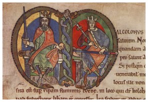 스코틀랜드의 성 다윗 1세와 말콤 4세_illuminated initial on the Kelso Abbey charter of 1159_in the National Library of Scotland in Edinburgh_Scotland.jpg